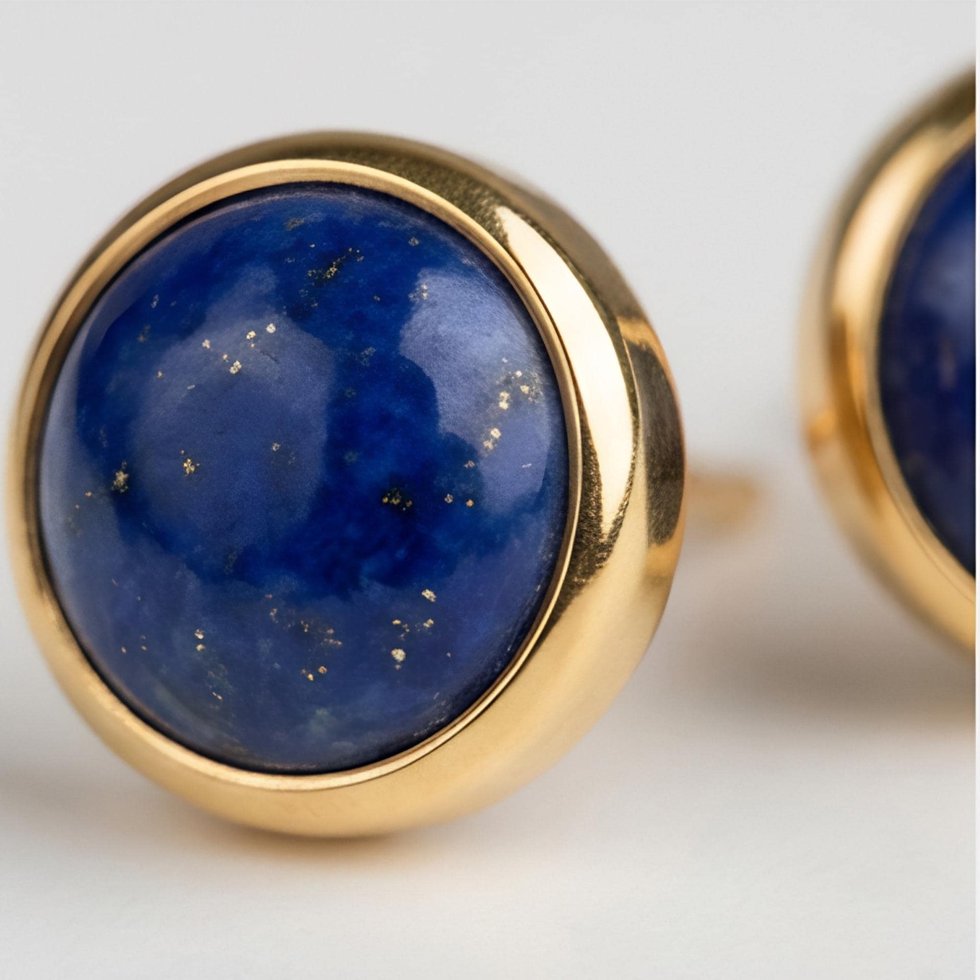 Lapis Lazuli Round Stud Earrings, 24K Gold Bezel, side angle