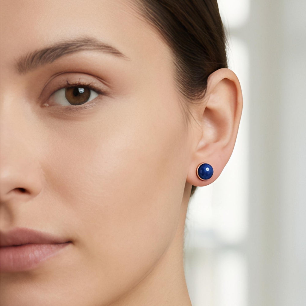 Lapis Lazuli Round Stud Earrings, 24K Gold Bezel, stone close-up