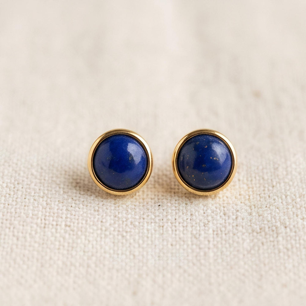 Lapis Lazuli Round Stud Earrings, 24K Gold Bezel