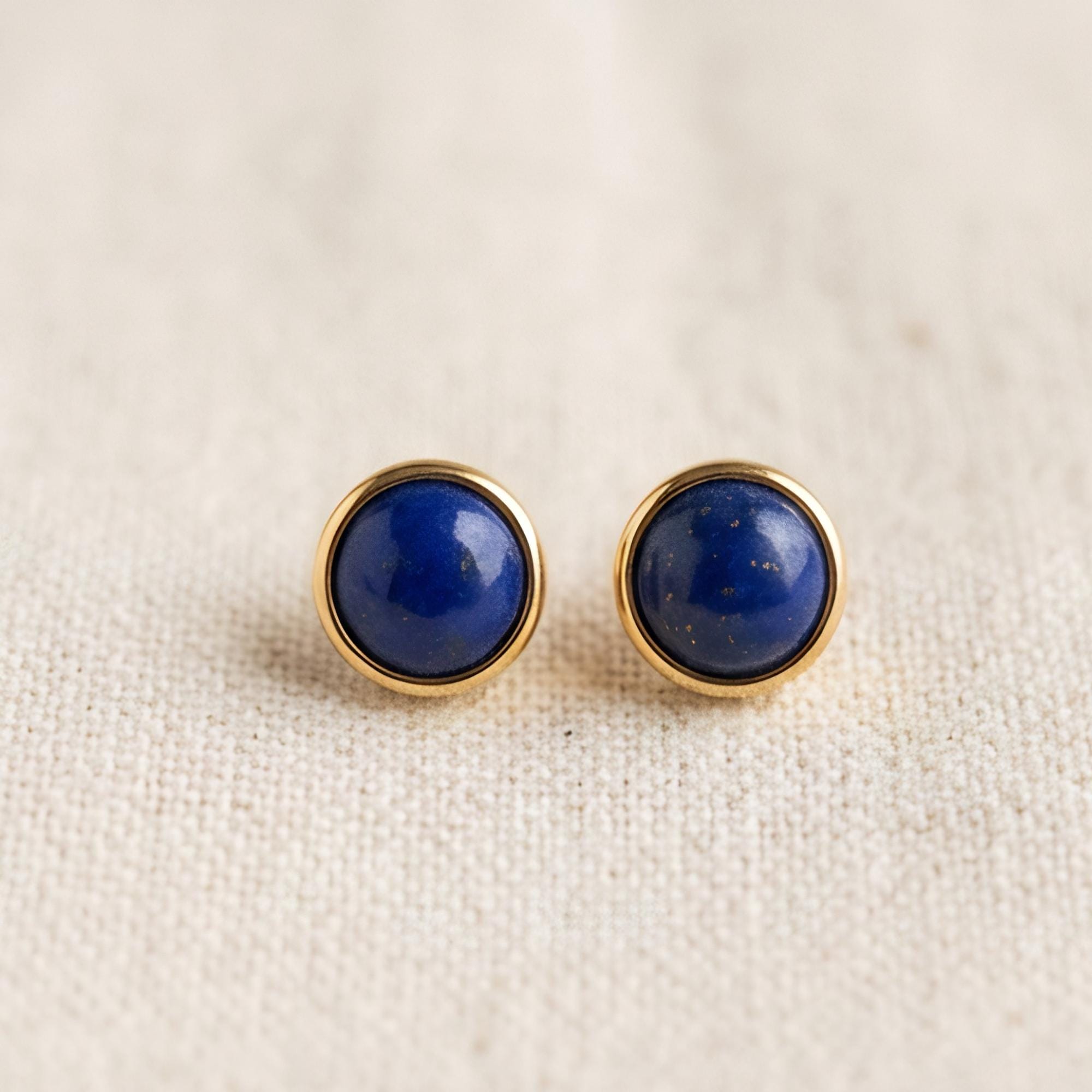 Lapis Lazuli Round Stud Earrings, 24K Gold Bezel
