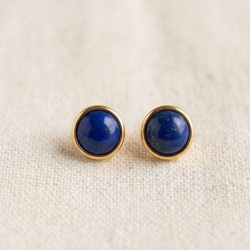 Lapis Lazuli Round Stud Earrings, 24K Gold Bezel
