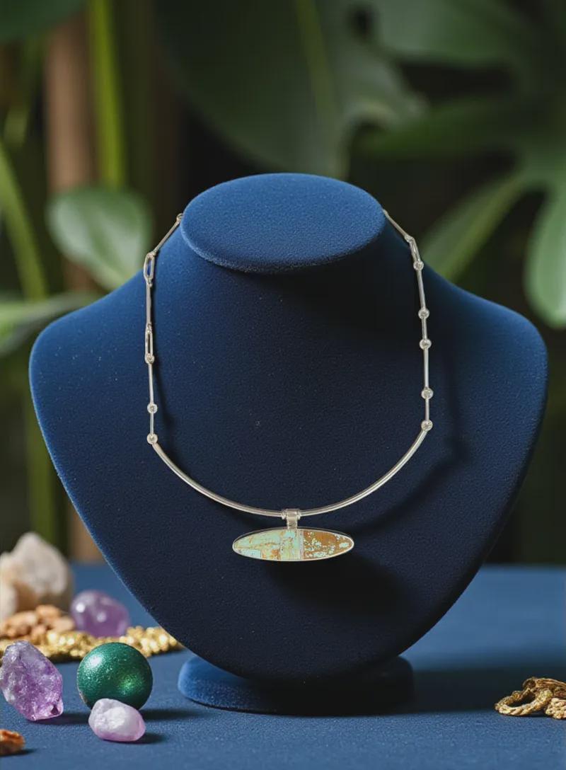 Horizon Line, Turquoise Inlay Collar Necklace, Navajo Sterling, by Harold Smith, on model