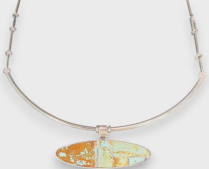 Horizon Line, Turquoise Inlay Collar Necklace, Navajo Sterling, by Harold Smith, scale reference