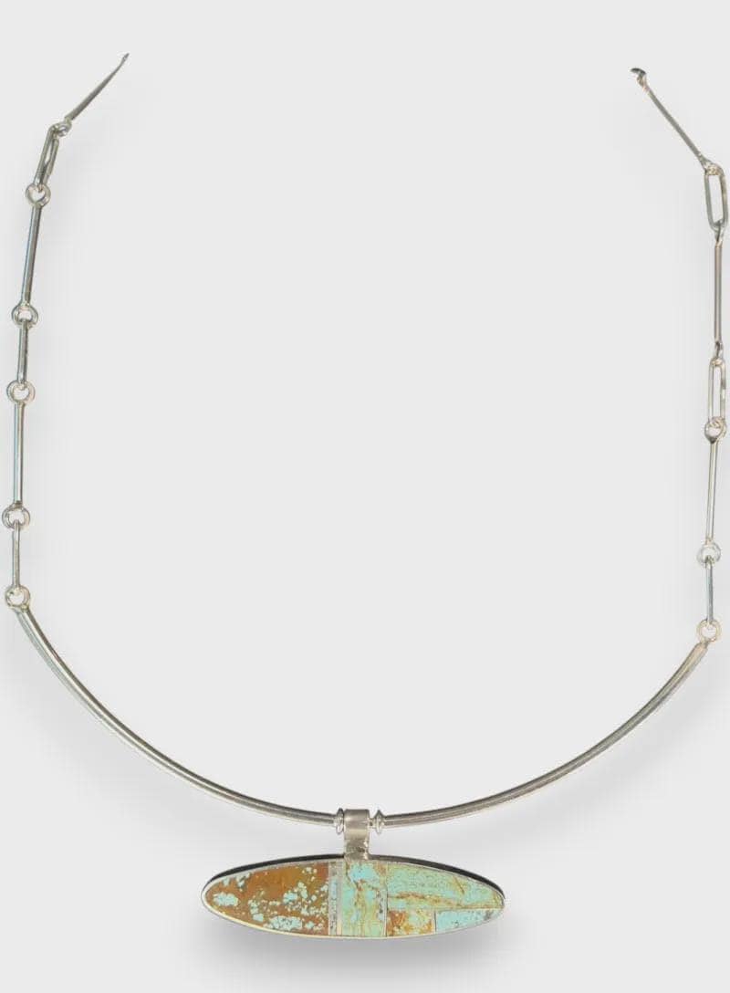 Horizon Line, Turquoise Inlay Collar Necklace, Navajo Sterling, by Harold Smith, stone close-up