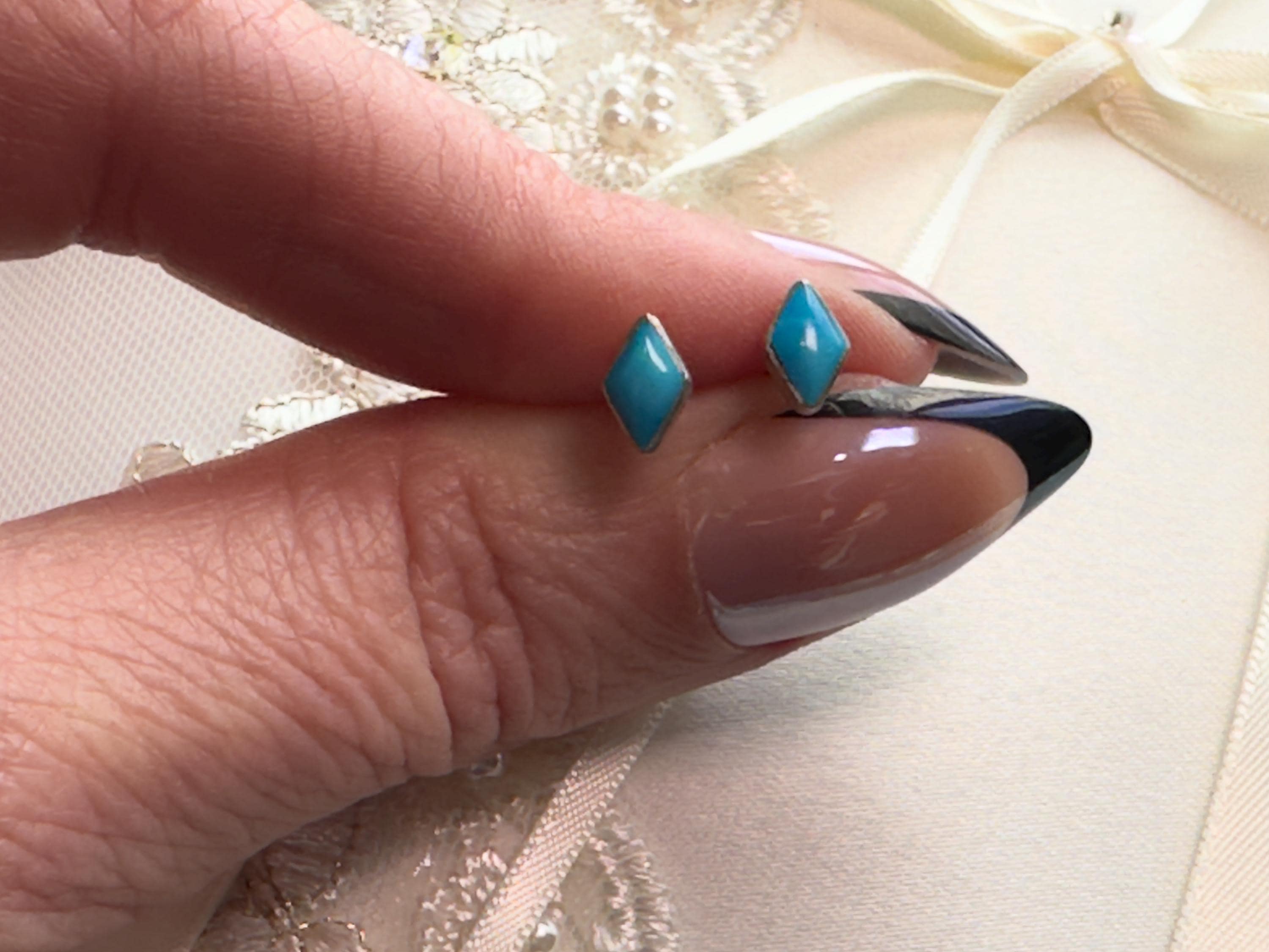 Turquoise Kite Stud Earrings, Sterling Silver, stone close-up