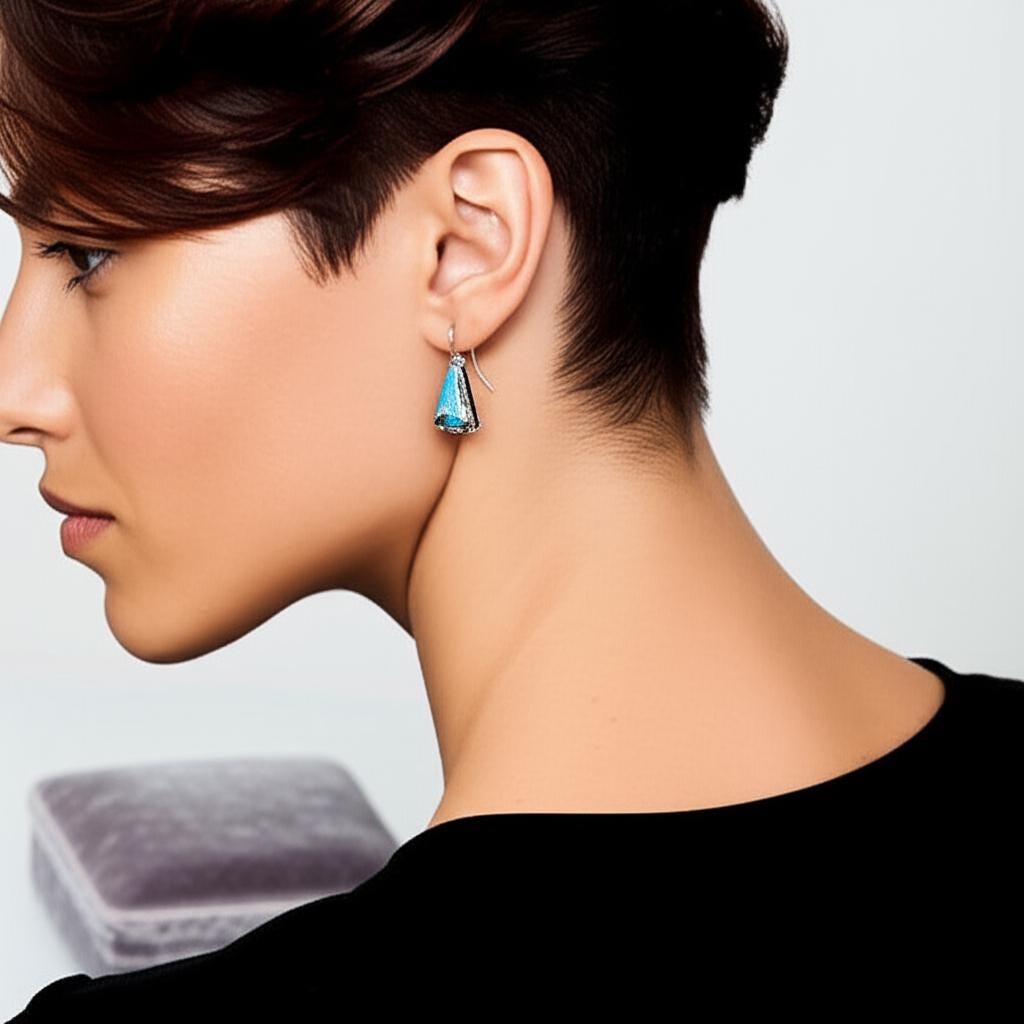 Canyon Triangle, Turquoise Inlay Drop Earrings, Navajo Sterling, by Larry Moses Yazzie, back view