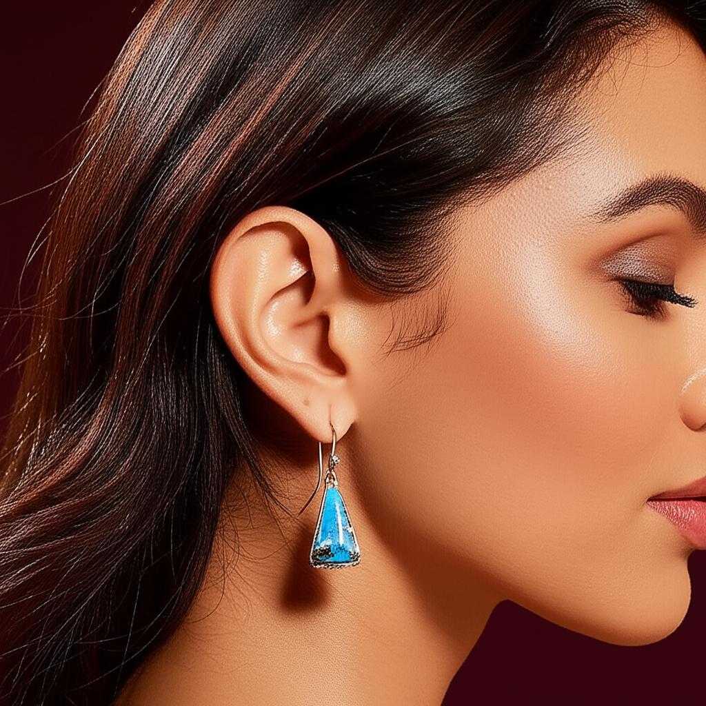 Canyon Triangle, Turquoise Inlay Drop Earrings, Navajo Sterling, by Larry Moses Yazzie, clasp detail