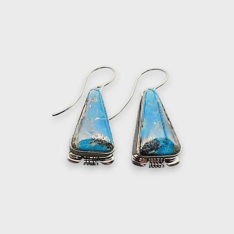 Canyon Triangle, Turquoise Inlay Drop Earrings, Navajo Sterling, by Larry Moses Yazzie, detail close-up