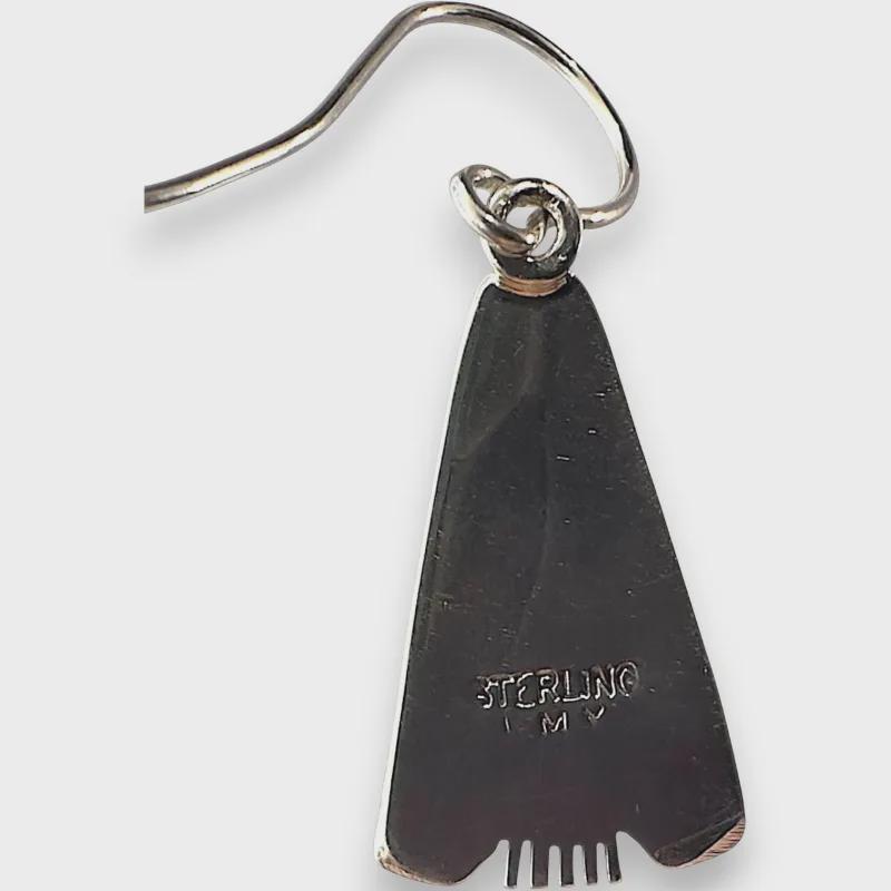 Canyon Triangle, Turquoise Inlay Drop Earrings, Navajo Sterling, by Larry Moses Yazzie, on model