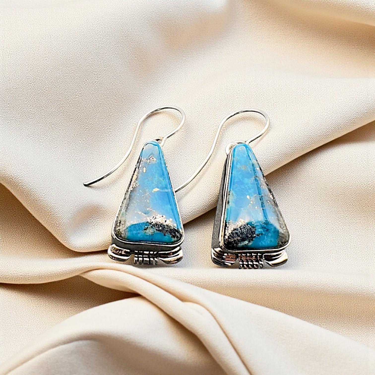 Canyon Triangle, Turquoise Inlay Drop Earrings, Navajo Sterling, by Larry Moses Yazzie, scale reference