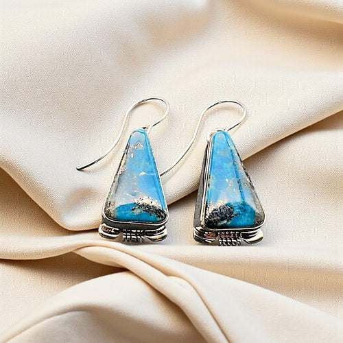 Canyon Triangle, Turquoise Inlay Drop Earrings, Navajo Sterling, by Larry Moses Yazzie, scale reference