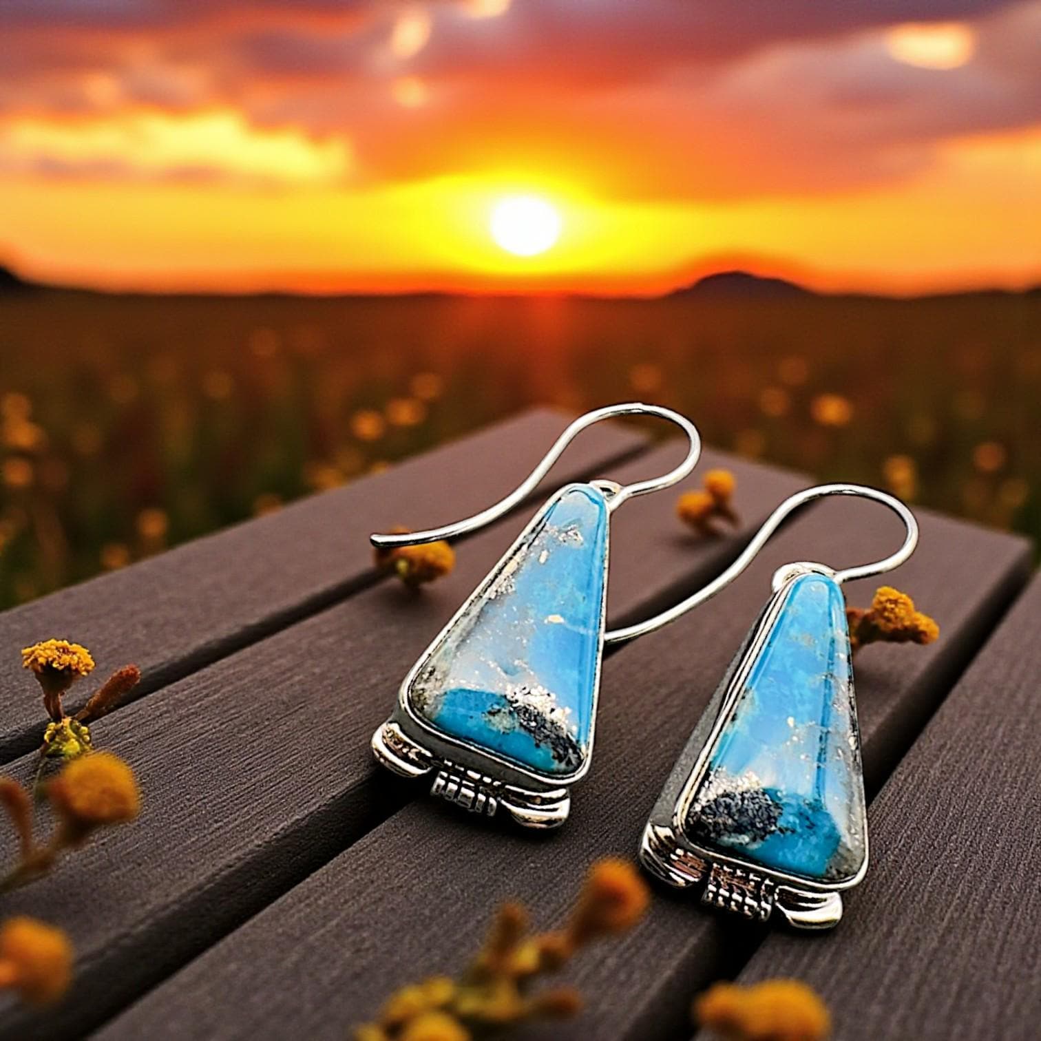 Canyon Triangle, Turquoise Inlay Drop Earrings, Navajo Sterling, by Larry Moses Yazzie, stone close-up
