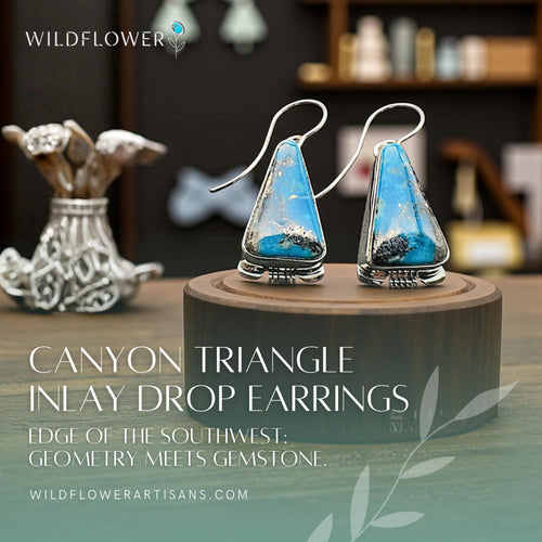 Canyon Triangle, Turquoise Inlay Drop Earrings, Navajo Sterling, by Larry Moses Yazzie