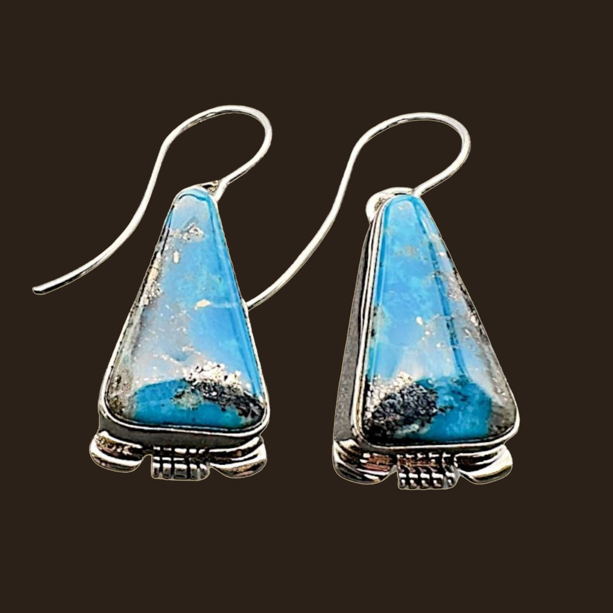 Turquoise Inlay Drop Earrings in Navajo Sterling Silver, by Larry Moses Yazzie, shown on an espresso background