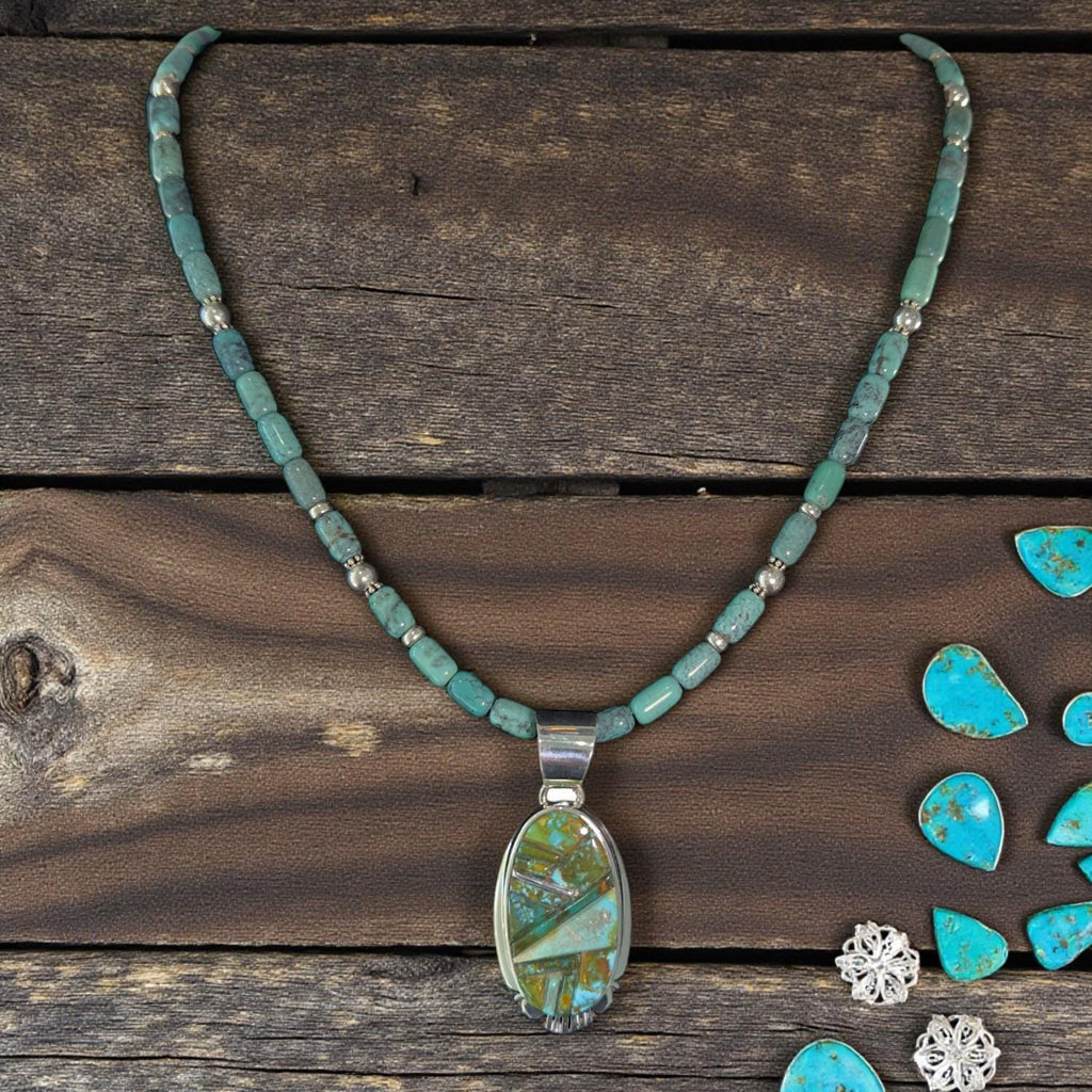 High Desert Mosaic, Turquoise Inlay Pendant Necklace, Navajo Sterling, by Rick Tolino, back view