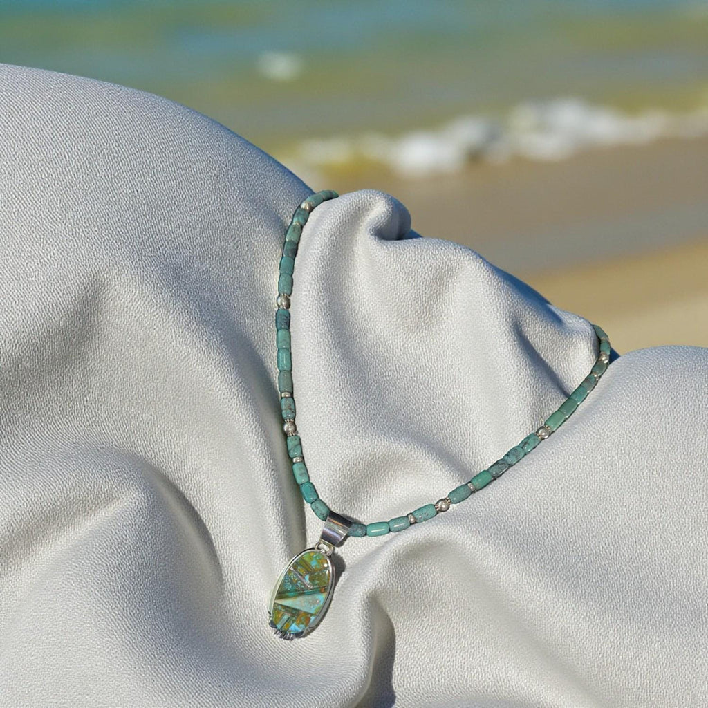 High Desert Mosaic, Turquoise Inlay Pendant Necklace, Navajo Sterling, by Rick Tolino, clasp detail
