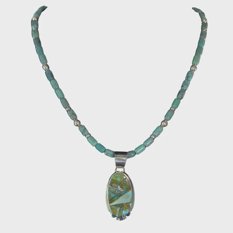 High Desert Mosaic, Turquoise Inlay Pendant Necklace, Navajo Sterling, by Rick Tolino, on model