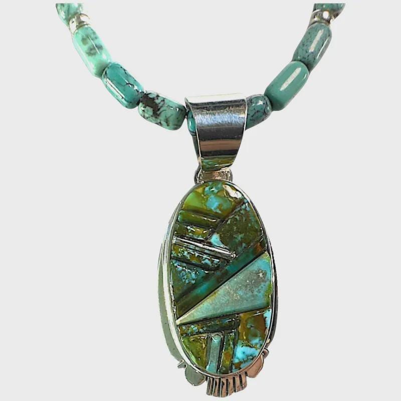 High Desert Mosaic, Turquoise Inlay Pendant Necklace, Navajo Sterling, by Rick Tolino, stone close-up
