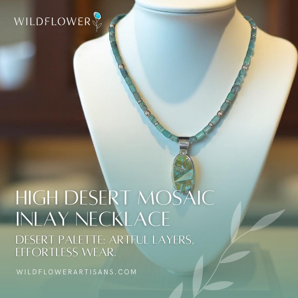 High Desert Mosaic, Turquoise Inlay Pendant Necklace, Navajo Sterling, by Rick Tolino