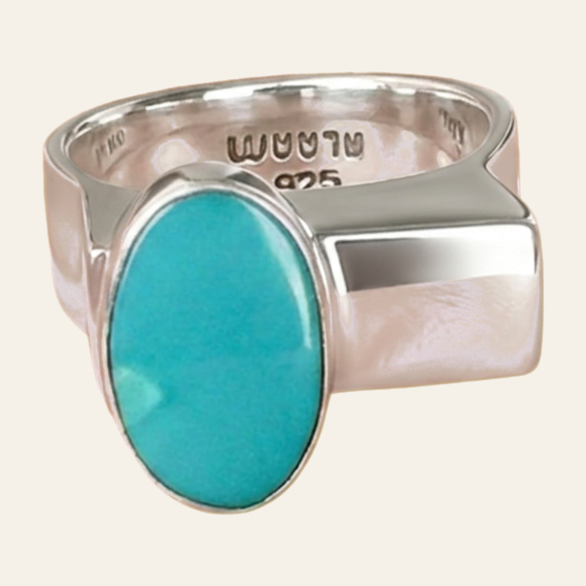 Turquoise Oval Ring in Sterling Silver, by BALAAM, Sizes 7.5 to 9, shown on a cream background