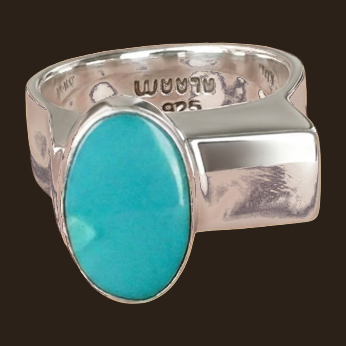 Turquoise Oval Ring in Sterling Silver, by BALAAM, Sizes 7.5 to 9, shown on an espresso background