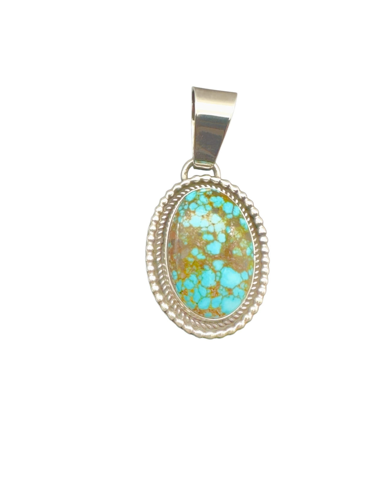 Kingman Red Web Turquoise Oval Pendant in Navajo Sterling Silver, by Mary Ellen, shown on a white background