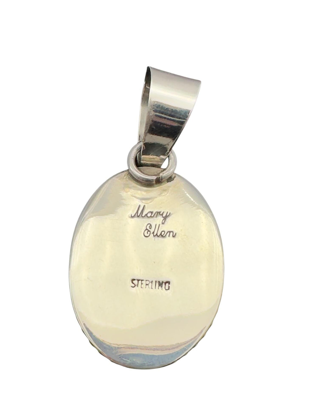 Kingman Red Web Turquoise Oval Pendant in Navajo Sterling Silver, by Mary Ellen, back view with Mary Ellen hallmark