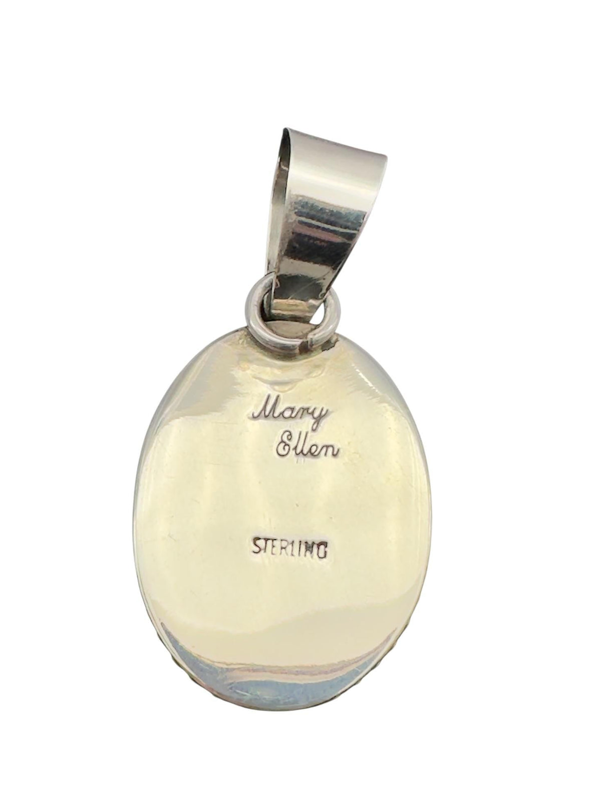 Kingman Red Web Turquoise Oval Pendant in Navajo Sterling Silver, by Mary Ellen, back view with Mary Ellen hallmark
