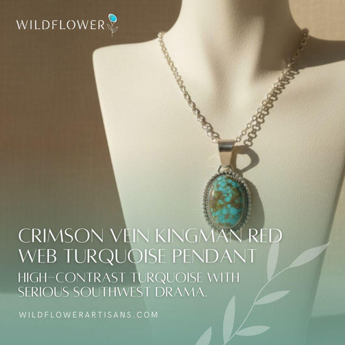 Crimson Vein, Kingman Red Web Turquoise Pendant, Navajo Sterling, by Mary Ellen