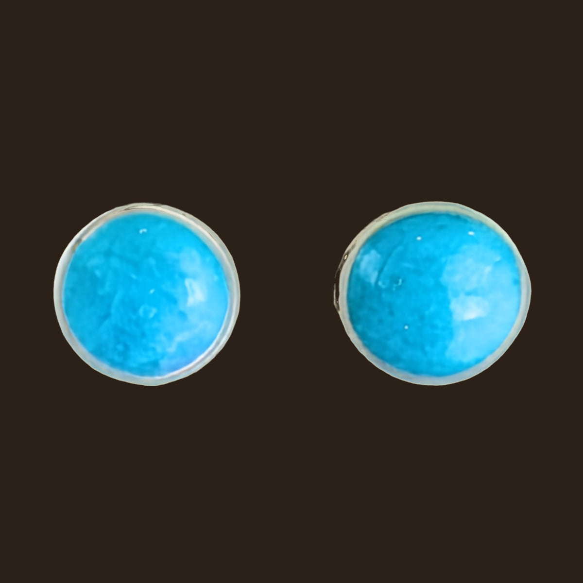 Turquoise Stud Earrings in Sterling Silver, 3mm to 5mm, shown on an espresso background