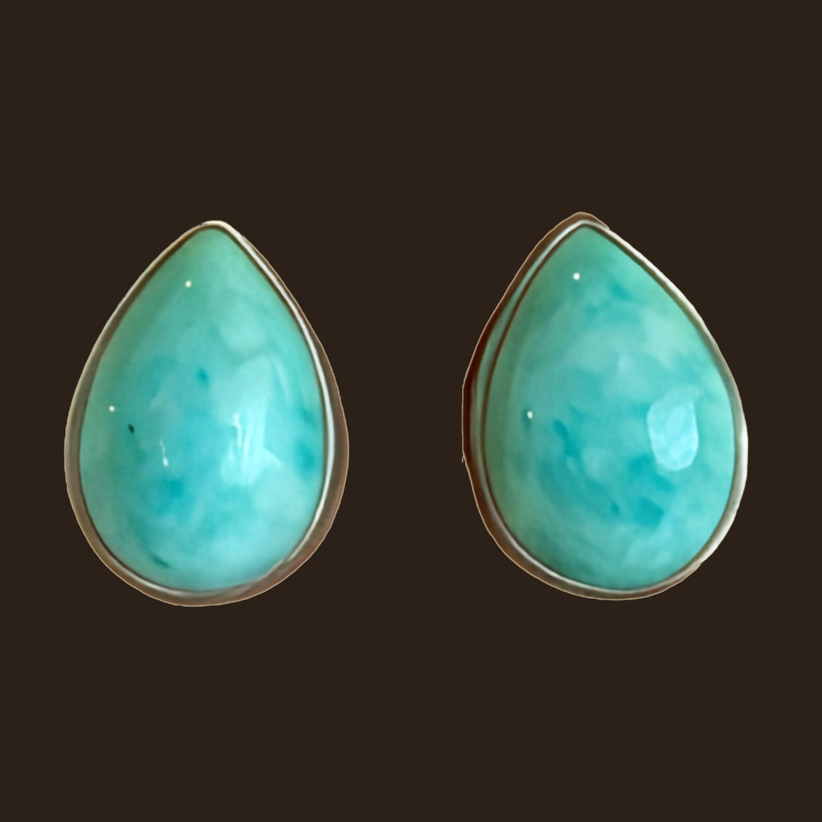 Turquoise Teardrop Stud Earrings in Sterling Silver, One of a Kind, shown on an espresso background