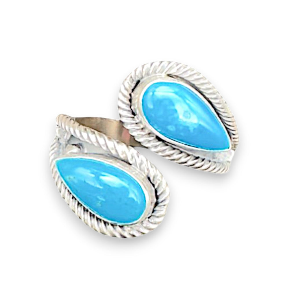 Twin Drop, Turquoise Bypass Ring, Zuni Sterling, by Kenny Lonjose, artisan signature