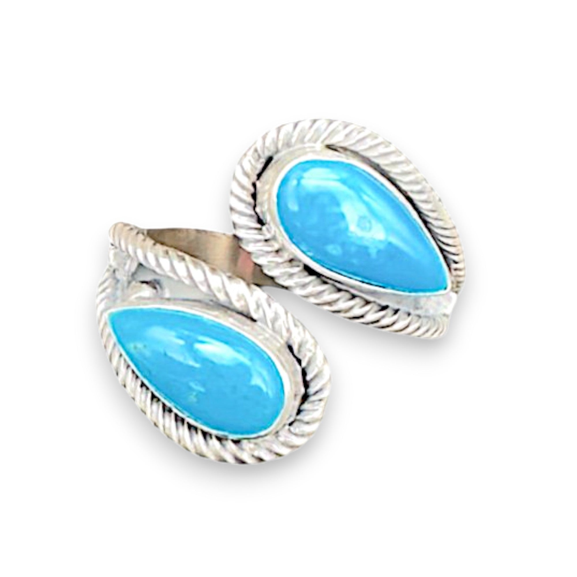 Twin Drop, Turquoise Bypass Ring, Zuni Sterling, by Kenny Lonjose, artisan signature