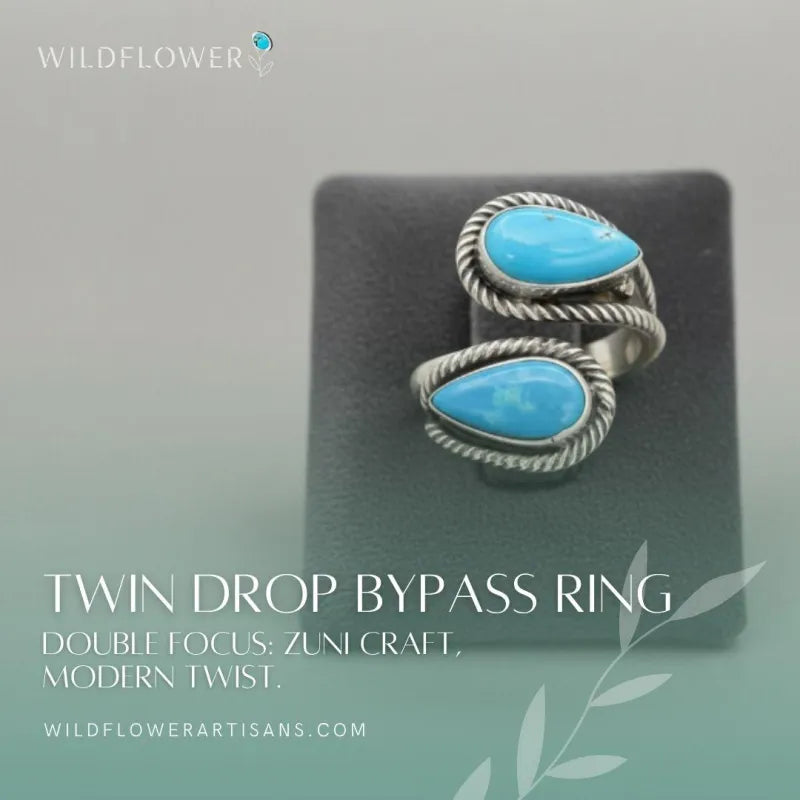 Twin Drop, Turquoise Bypass Ring, Zuni Sterling, by Kenny Lonjose