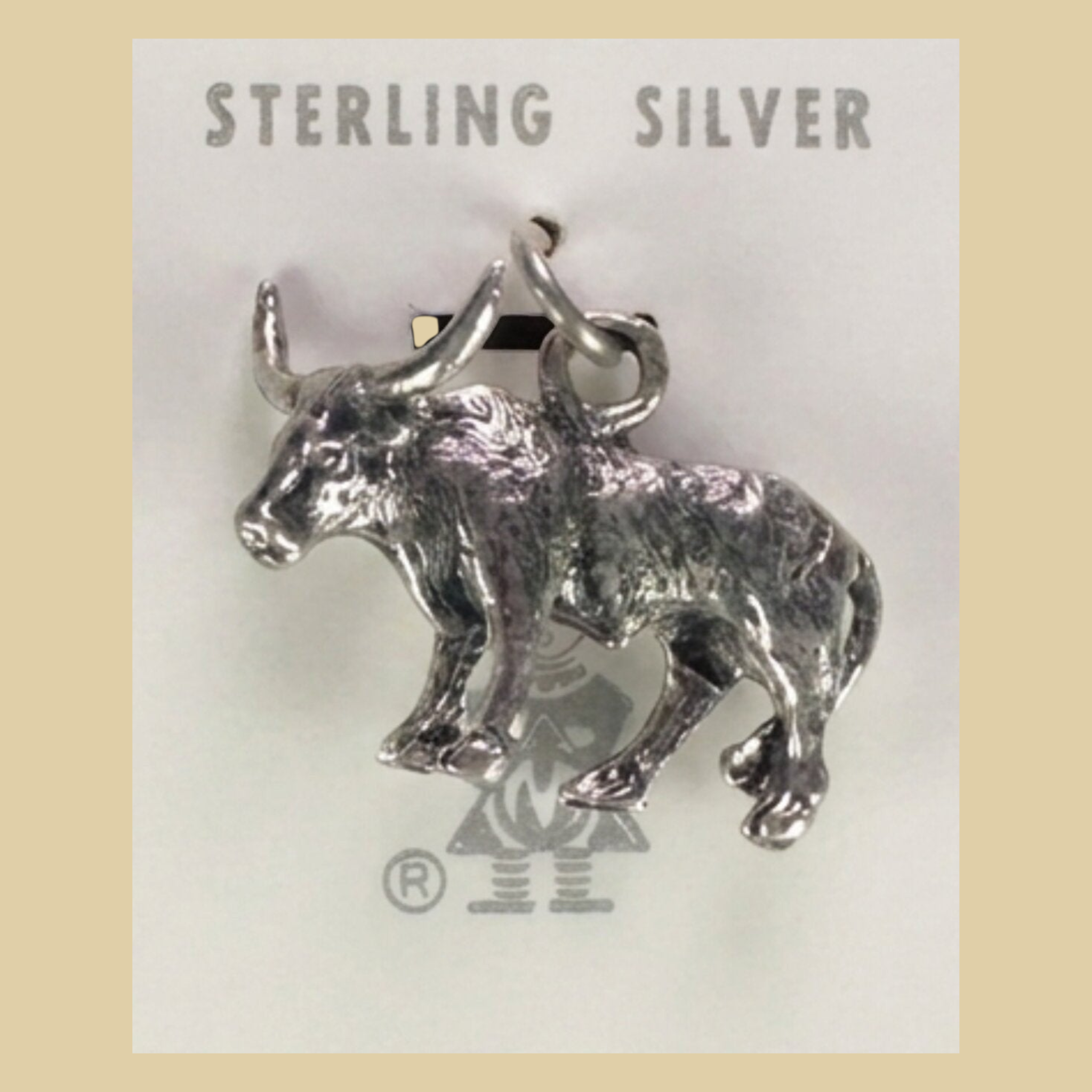 Vintage Maisel's Sterling Silver Longhorn Charm, New Old Stock, shown on a desert plaster background