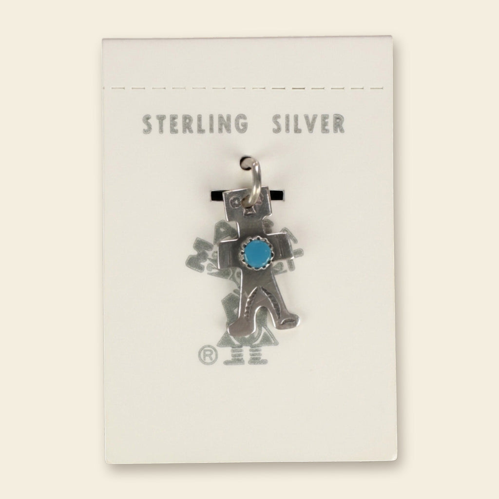 Vintage Maisel's Sterling Silver Turquoise Figure Charm, New Old Stock, shown on an ivory background