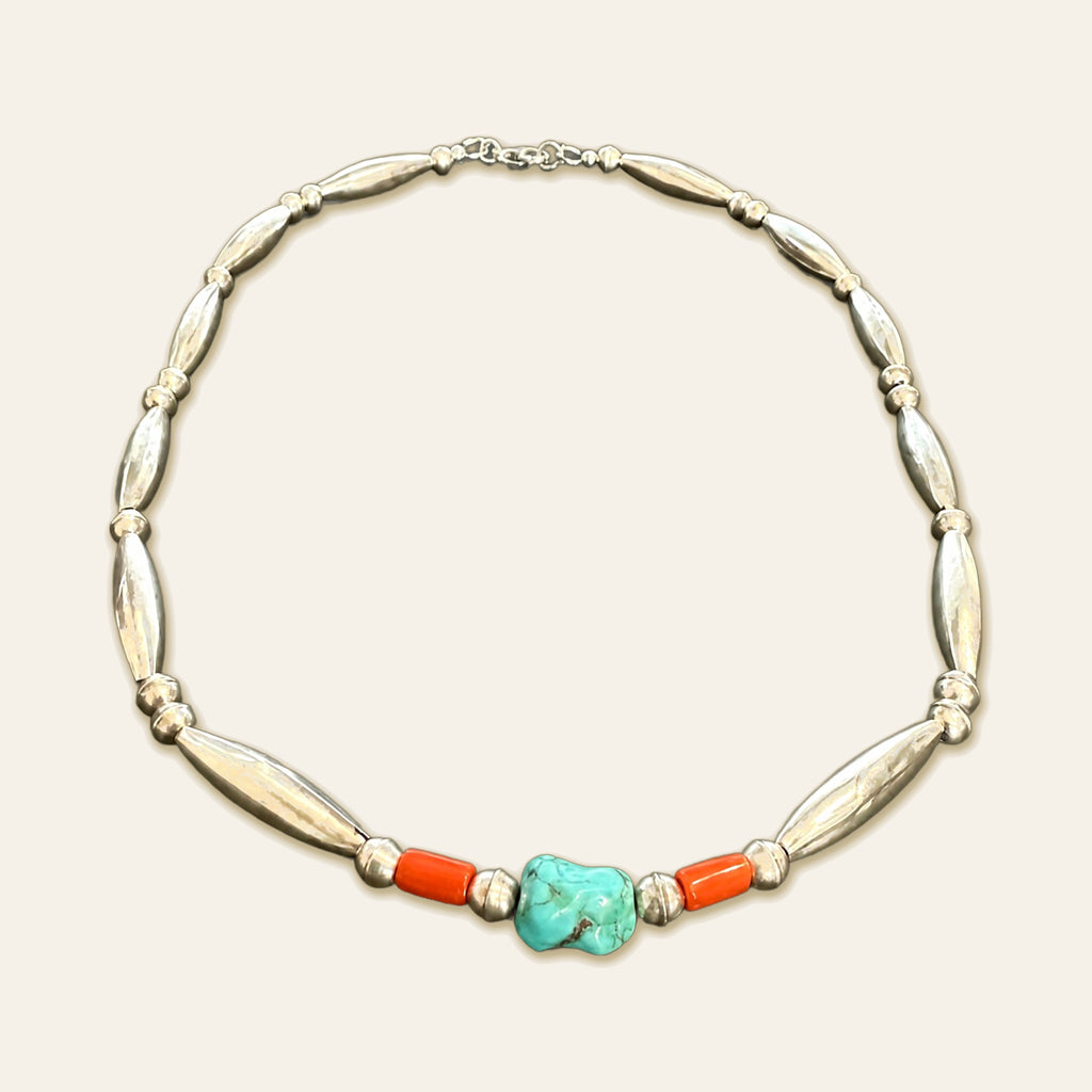 Vintage Turquoise Nugget and Coral Necklace in Sterling Silver, 18 Inch, shown on a cream background