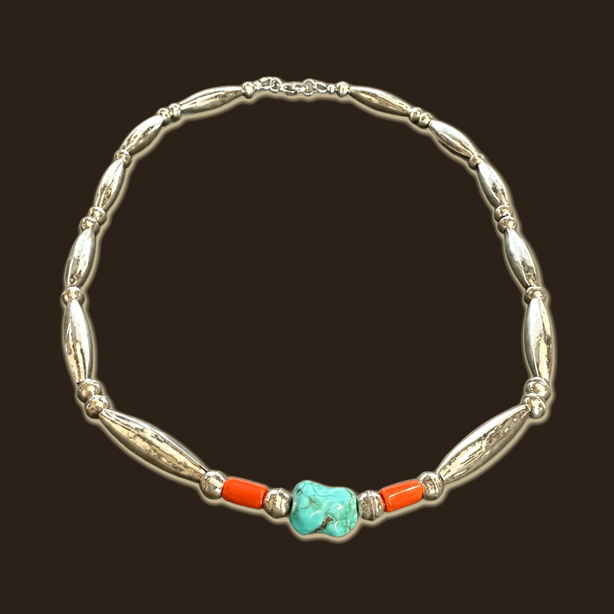 Vintage Turquoise Nugget and Coral Necklace in Sterling Silver, 18 Inch, shown on an espresso background