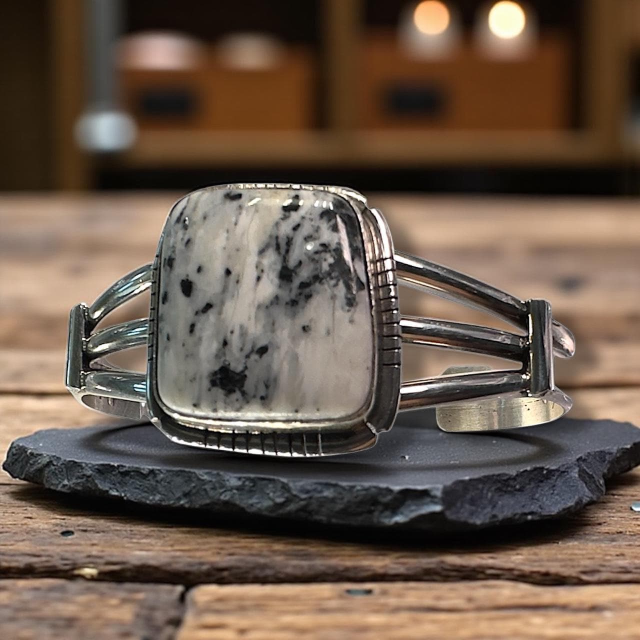 Snowfield, White Buffalo Cuff Bracelet, Navajo Sterling, by SE, back view