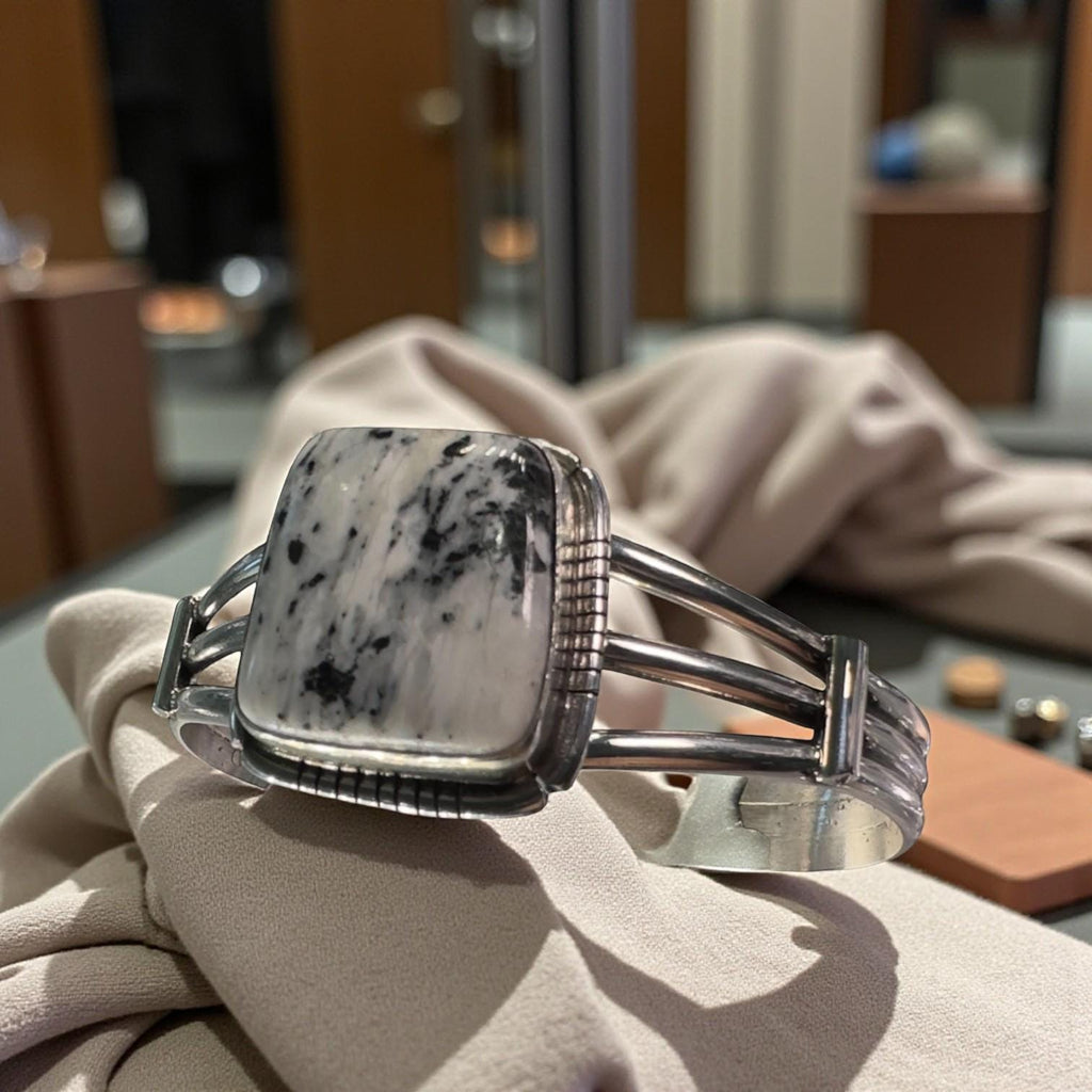 Snowfield, White Buffalo Cuff Bracelet, Navajo Sterling, by SE, clasp detail