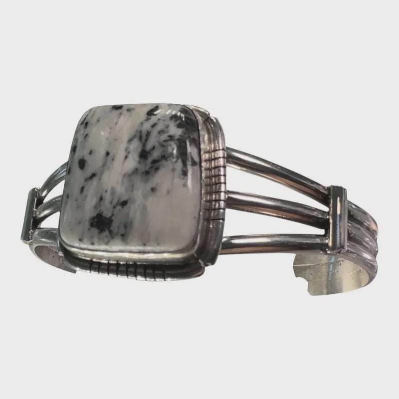 Snowfield, White Buffalo Cuff Bracelet, Navajo Sterling, by SE, on model