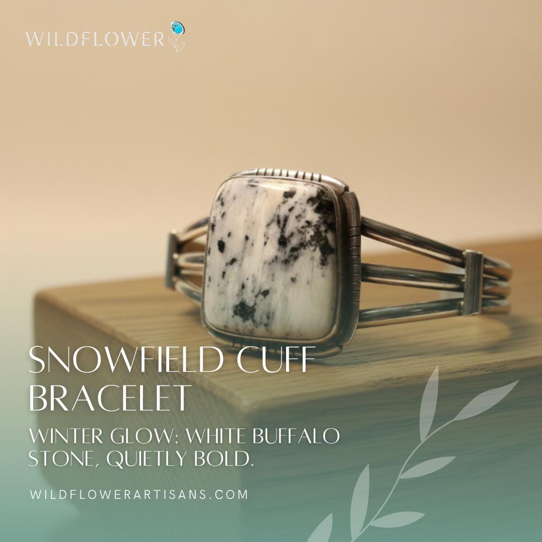 Snowfield, White Buffalo Cuff Bracelet, Navajo Sterling, by SE