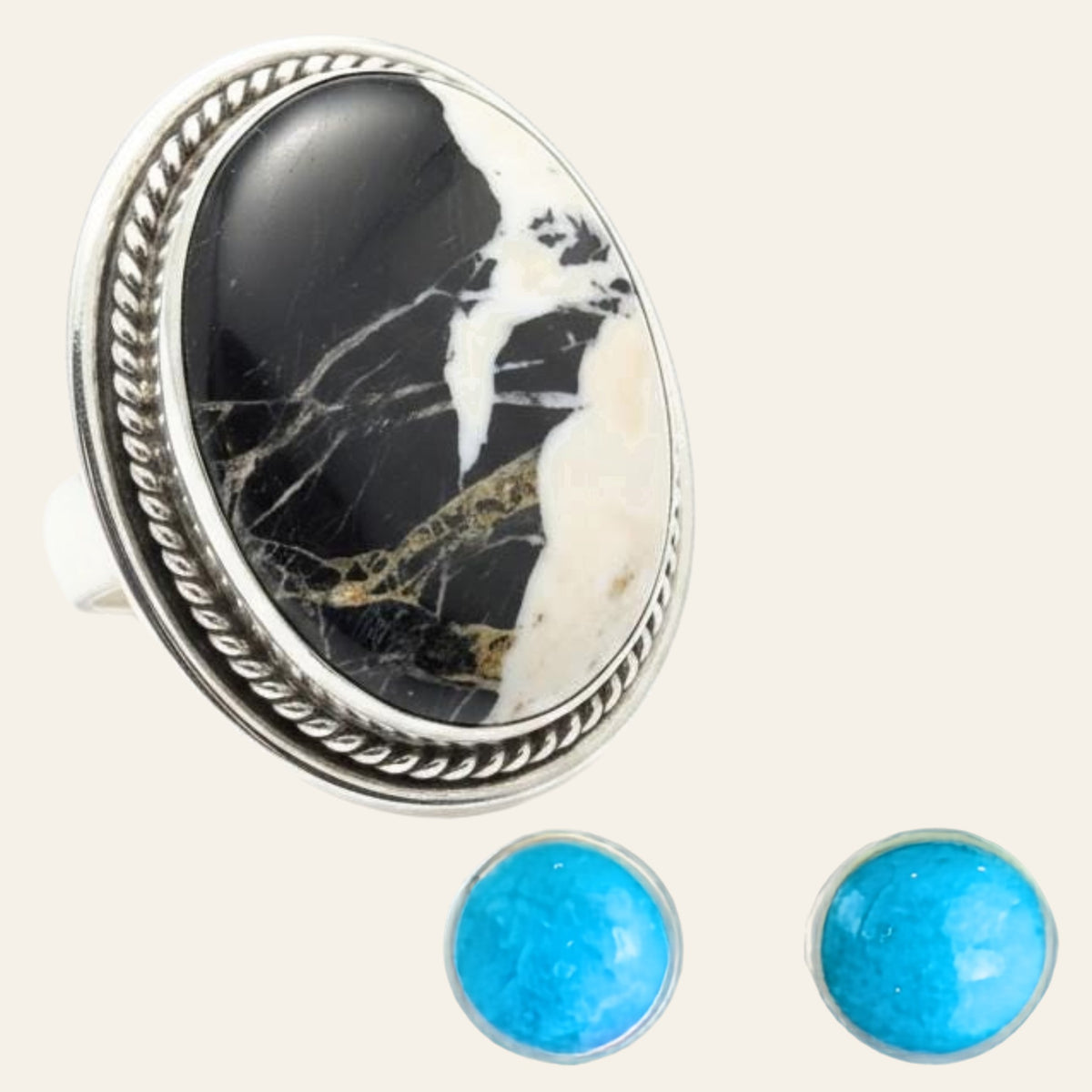 White Buffalo Ring and Turquoise Stud Earrings Set in Sterling Silver, Size 8, shown on a cream background