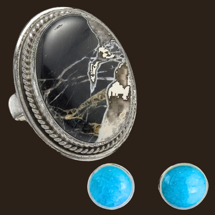 White Buffalo Ring and Turquoise Stud Earrings Set in Sterling Silver, Size 8, shown on an espresso background