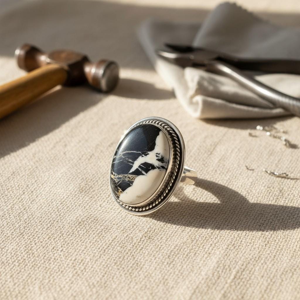 Raven & Snow, White Buffalo Statement Ring, Navajo Sterling, by P Yazzie, artisan craftsmanship