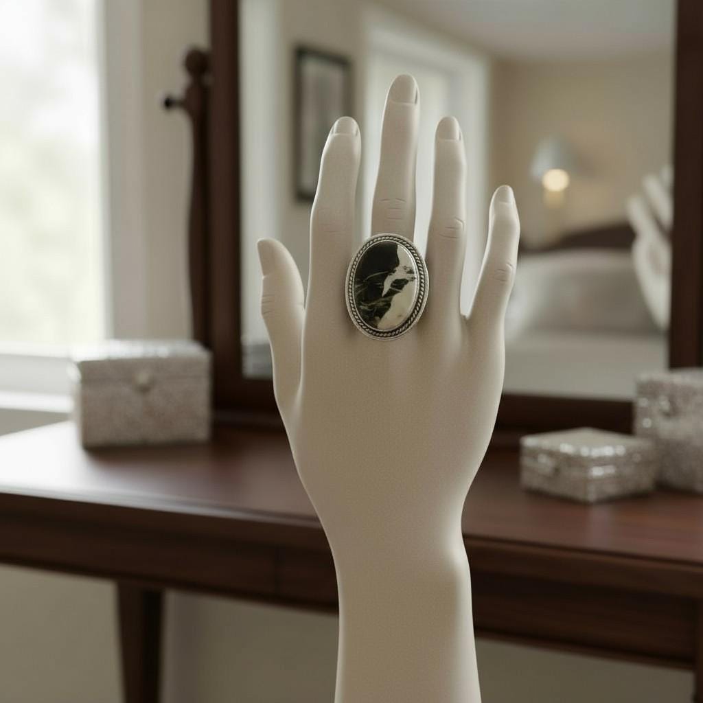 Raven & Snow, White Buffalo Statement Ring, Navajo Sterling, by P Yazzie, clasp detail