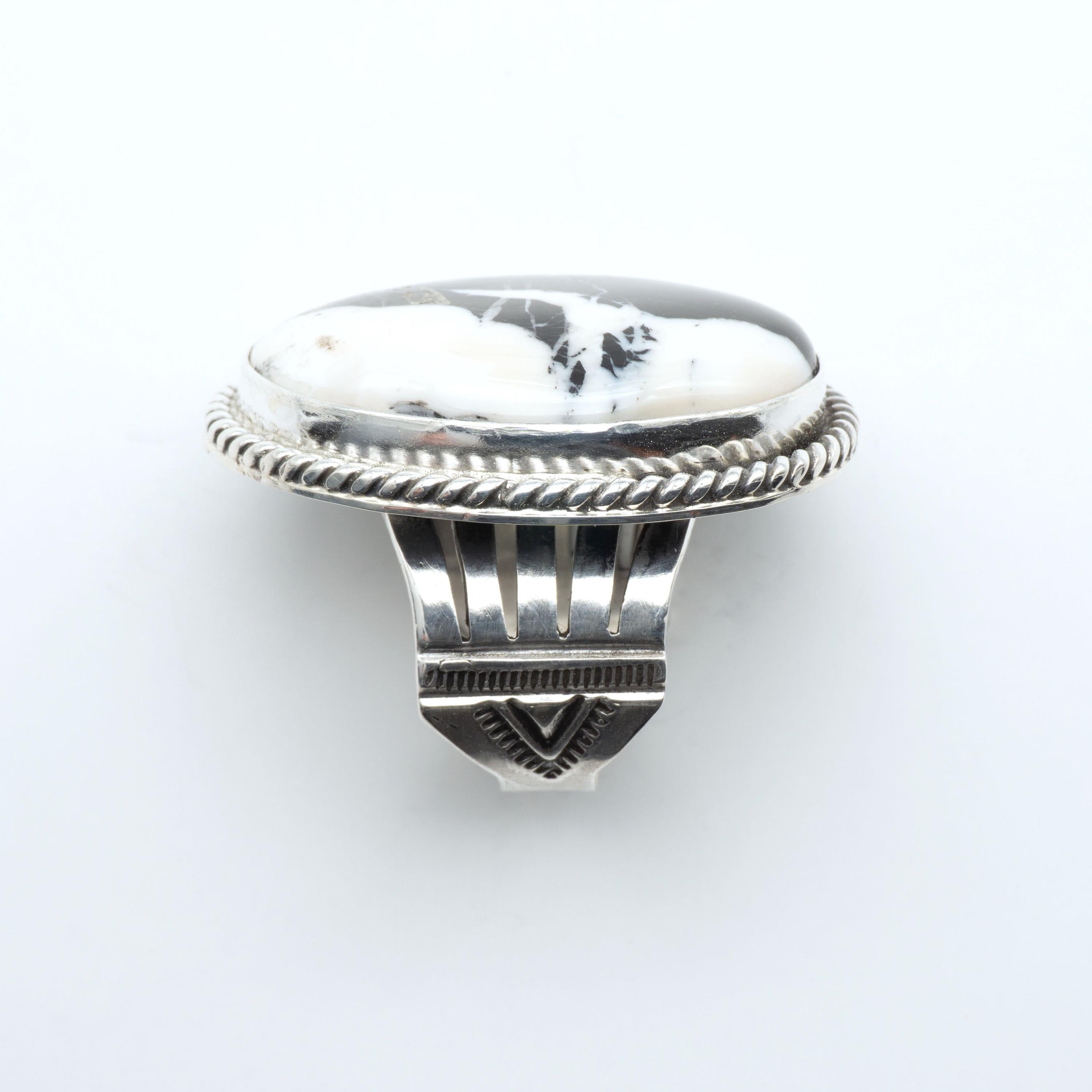 Raven & Snow, White Buffalo Statement Ring, Navajo Sterling, by P Yazzie, detail close-up
