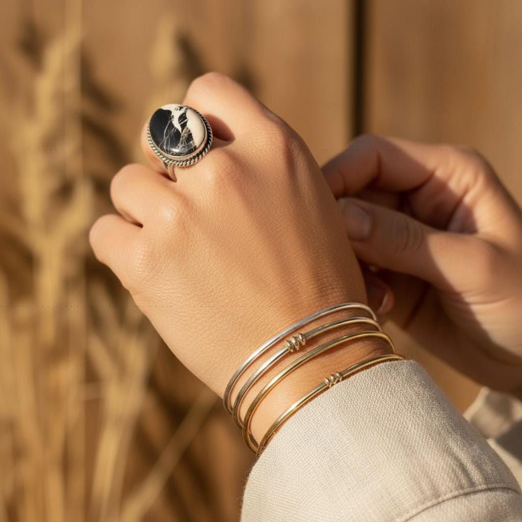 Raven & Snow, White Buffalo Statement Ring, Navajo Sterling, by P Yazzie, lifestyle shot