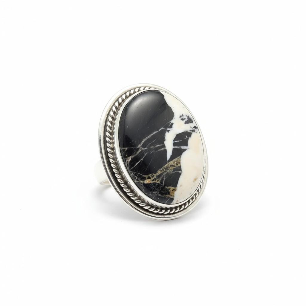 Raven & Snow, White Buffalo Statement Ring, Navajo Sterling, by P Yazzie, on model