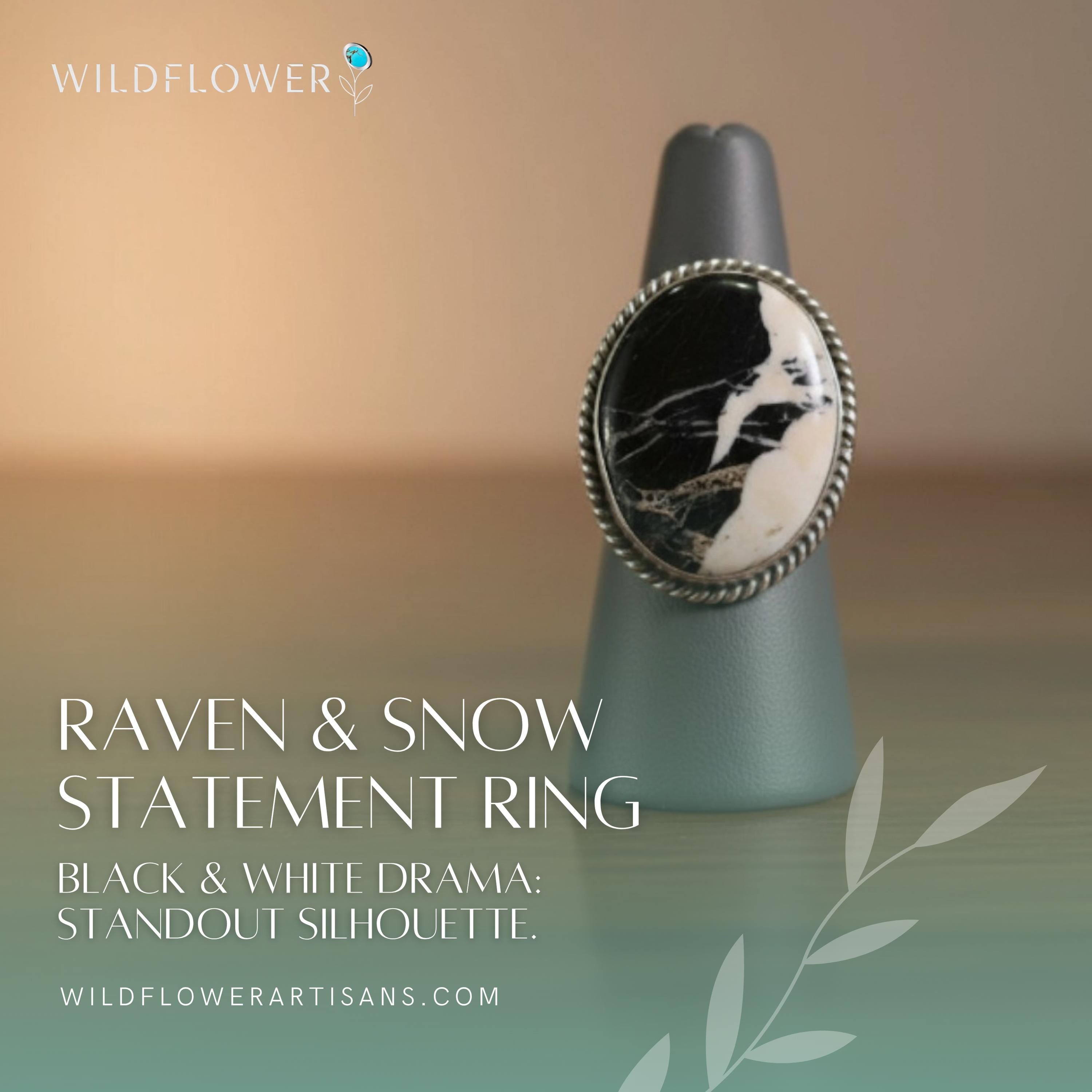 Raven & Snow, White Buffalo Statement Ring, Navajo Sterling, by P Yazzie